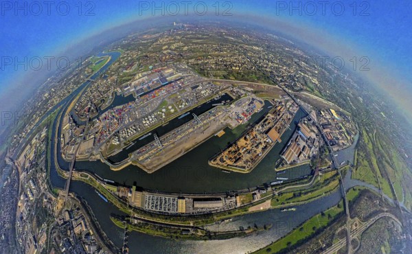 Aerial view, duisport harbour, harbour area with steel island, oil island, coal island container
