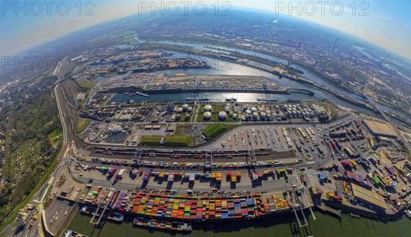 Aerial view, duisport harbour, harbour area with steel island, oil island, coal island container