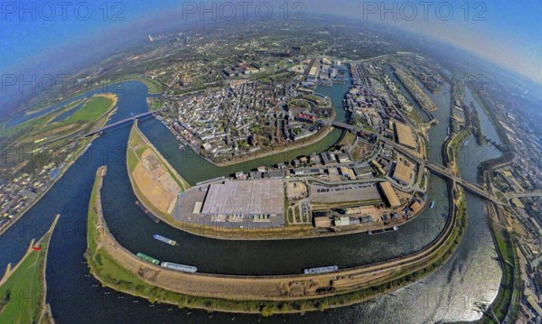 Aerial view, duisport harbour Duisburg, district Ruhrort, Vinckekanal forwarding island and