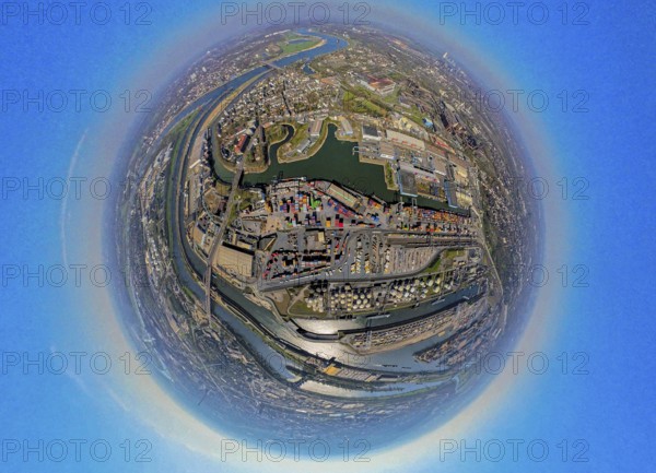Aerial view, duisport harbour, harbour area with steel island, oil island, coal island container