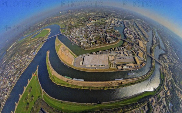 Aerial view, duisport harbour, view of Ruhrort, Duisburg harbour area with Mercatorinsel and