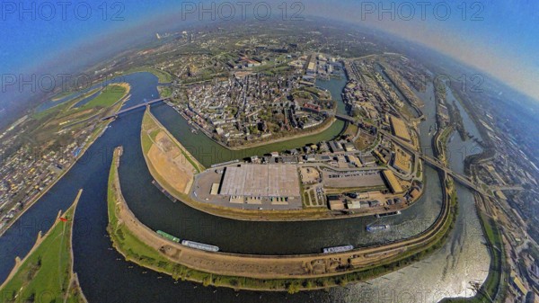 Aerial view, duisport harbour, view of Ruhrort, Duisburg harbour area with Mercatorinsel and