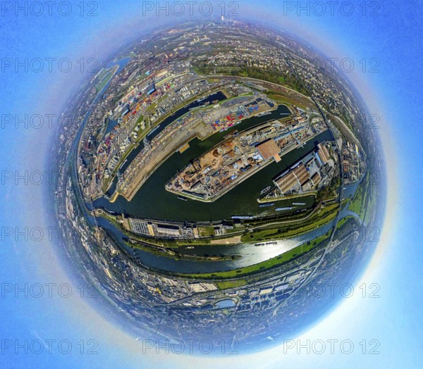 Aerial view, duisport harbour, harbour area with steel island, oil island, coal island container