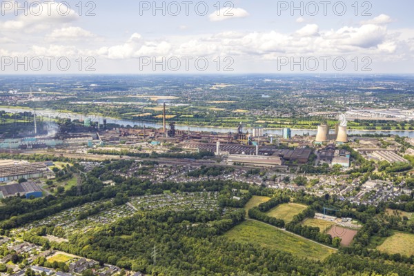 Aerial view, Hüttenwerke Krupp Mannesmann HKM, cooling towers, river Rhine and distant view to LSG