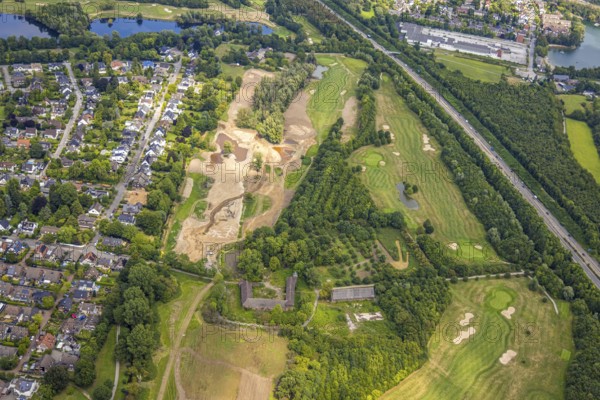Aerial view, golf club and golf course Huckingen Südplatz, golf meadow and bunker, fallow land and