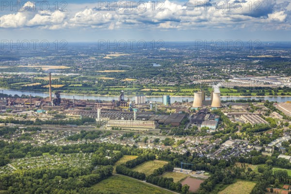 Aerial view, Hüttenwerke Krupp Mannesmann HKM, cooling towers, river Rhine and distant view to LSG