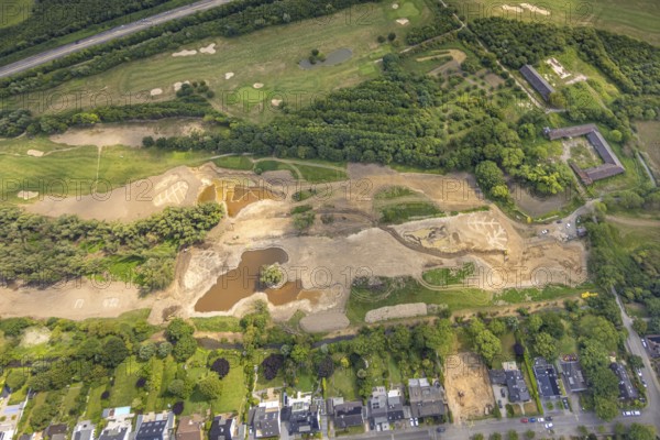 Aerial view, wasteland at the golf course Huckingen Südplatz, Haus Böckum medieval aristocratic