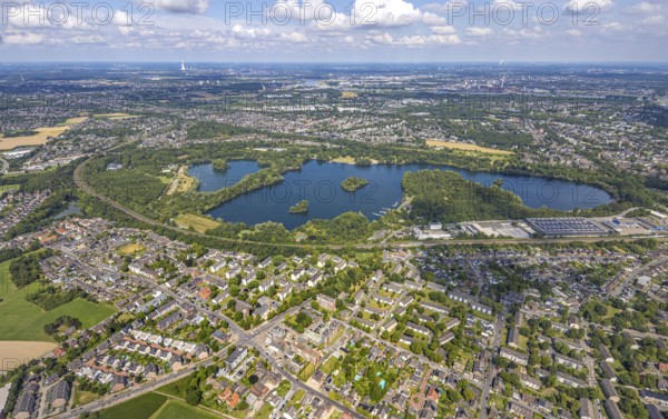 Aerial view, Toeppersee and Tegge with water skiing and leisure facilities, surrounded by housing