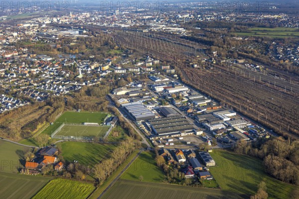 Aerial view, goods station, view of Daberg district with Schieferstraße industrial estate, TuS