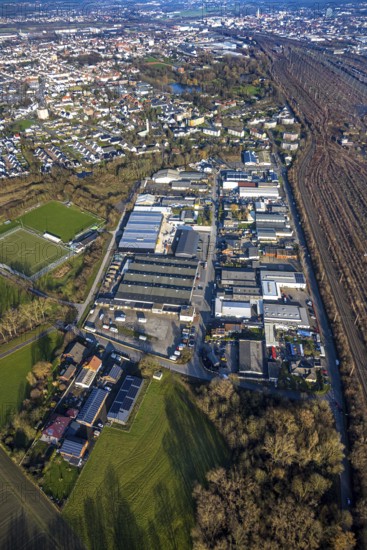 Aerial view, goods station, view of Daberg district with Schieferstraße industrial estate, TuS