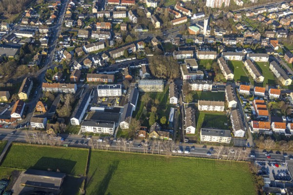 Aerial view, construction site with new residential buildings on Holstenstraße, Apostelkirche,