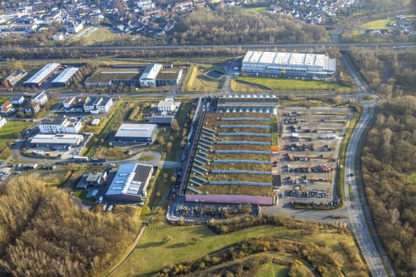 Aerial view, OBI Markt Hamm Bauamrkt with green roof, behind eurobahn GmbH & Co. KG - Hamm-Heessen