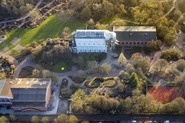 Aerial view, glass elephant in Maximilianpark leisure park, entrance area, Uentrop, Hamm, Ruhr
