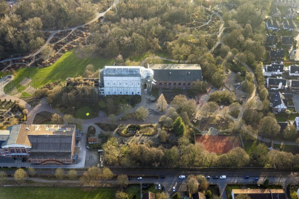 Aerial view, glass elephant in Maximilianpark leisure park, entrance area, Uentrop, Hamm, Ruhr
