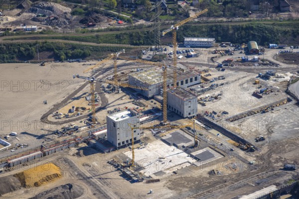 Aerial view, construction area with building site at the southern harbour, direct reduction plant