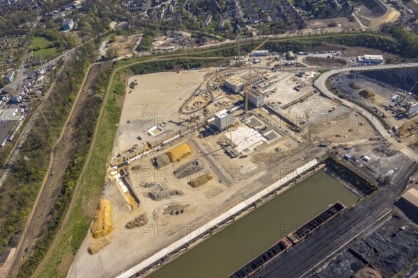 Aerial view, construction area with building site at the southern harbour, direct reduction plant