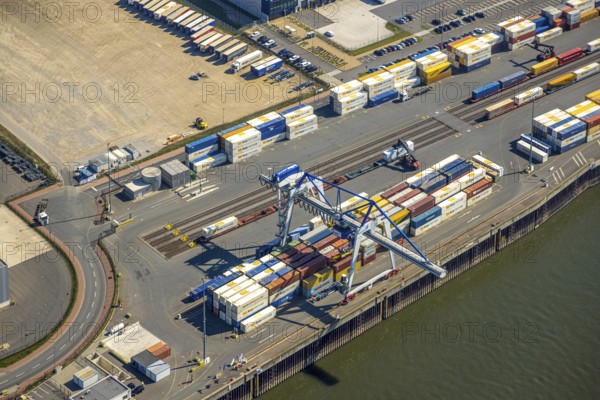 Aerial view, Duisburg-Nord, duisport logport VI Walsum, logport 6 on the river Rhine, container