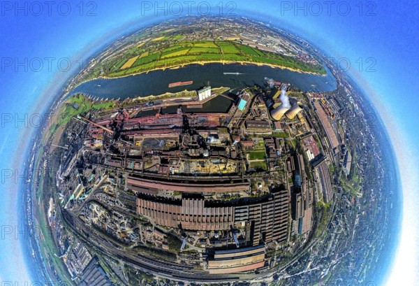 Aerial view, Hüttenwerke Krupp Mannesmann HKM on the river Rhine, coking plant and cooling towers