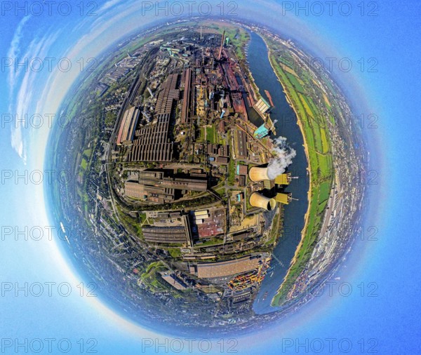 Aerial view, Hüttenwerke Krupp Mannesmann HKM on the river Rhine, coking plant and cooling towers