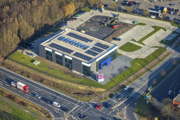 Aerial view, construction area with new Mensing Galerie building on the corner of Werler Straße and