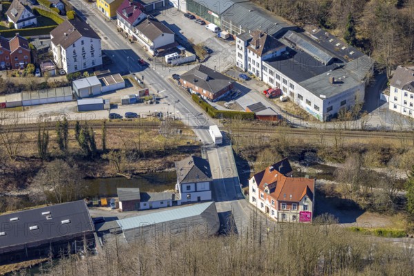 Aerial view, railway crossing Osemundstraße and bridge over the river Volme, Volme bridge on the
