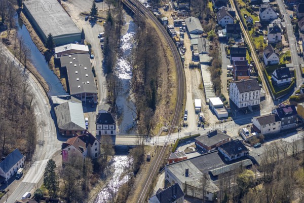 Aerial view, railway crossing Osemundstraße and bridge over the river Volme, Volme bridge on the