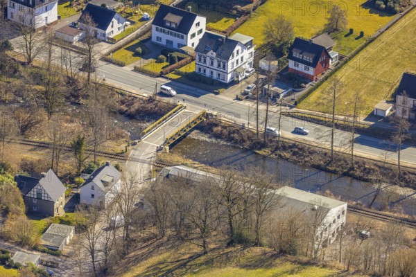 Aerial view, railway crossing Rehbecke and bridge over the river Volme, Volme bridge at the federal