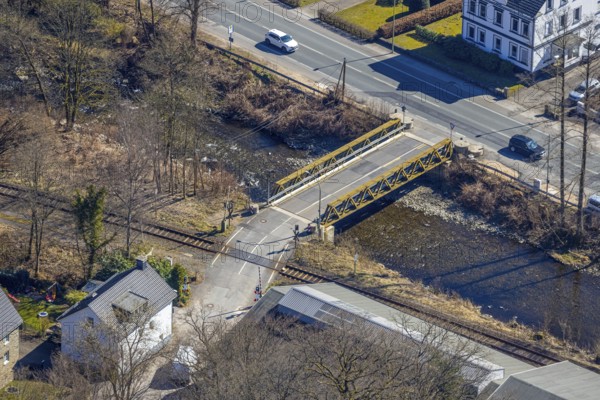 Aerial view, railway crossing Rehbecke and bridge over the river Volme, Volme bridge at the federal