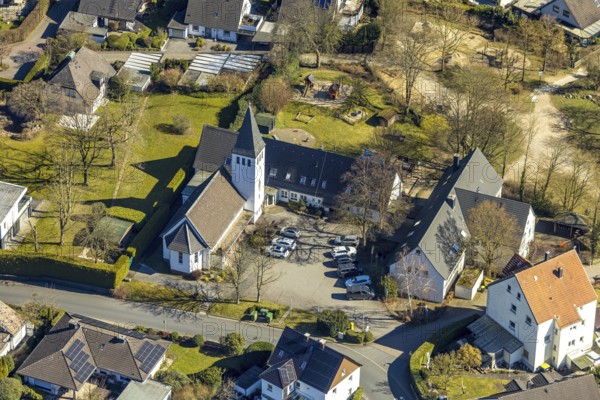 Aerial view, district Holthausen village centre with Evang-Luth. Gnadenkirche, Hohenlimburg, Hagen,