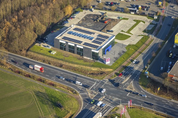 Aerial view, construction area with new Mensing Galerie building on the corner of Werler Straße and
