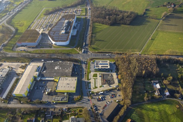 Aerial view, Höffner furniture store Unnaer Straße on the A2 motorway, construction area with new