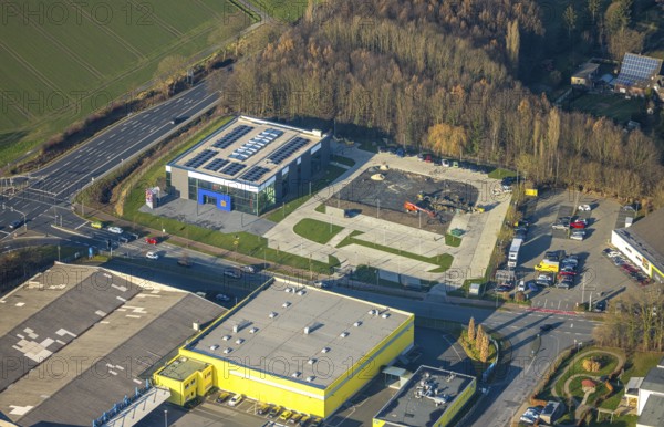 Aerial view, construction area with new Mensing Galerie building on the corner of Werler Straße and