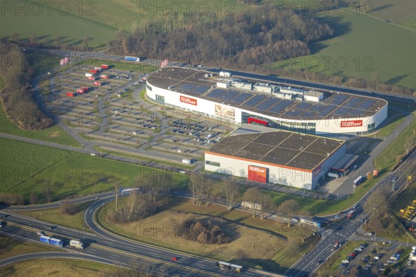 Aerial view, Höffner furniture store Unnaer Straße on the A2 motorway, Rhynern district, Hamm, Ruhr