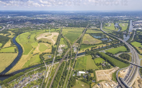 Aerial view, Ruhrbogen with energy park Styrumer Ruhrbogen wind turbine and large Ruhr island,
