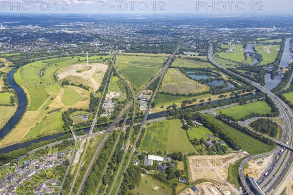 Aerial view, Ruhrbogen with energy park Styrumer Ruhrbogen wind turbine and large Ruhr island,