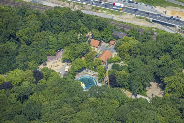 Aerial view, Duisburg Zoo, sea lion enclosure and construction site with modernisation and