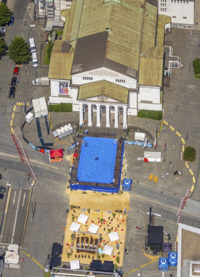 Aerial view, swimming pool in front of the municipal theatre, sandy area for gastronomy, old town,