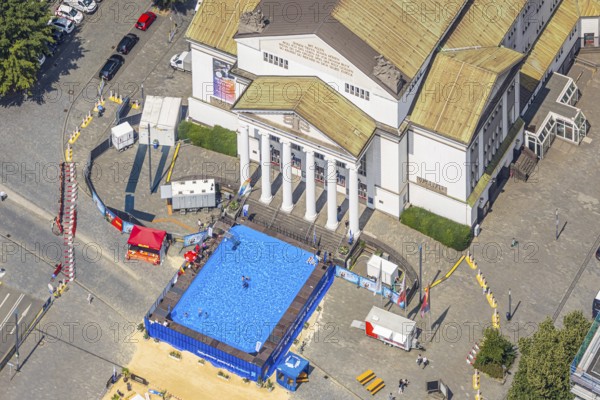 Aerial view, swimming pool in front of the municipal theatre, old town, Duisburg, Ruhr area, North