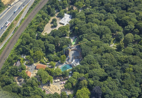 Aerial view, Duisburg Zoo, sea lion enclosure and construction site with modernisation and