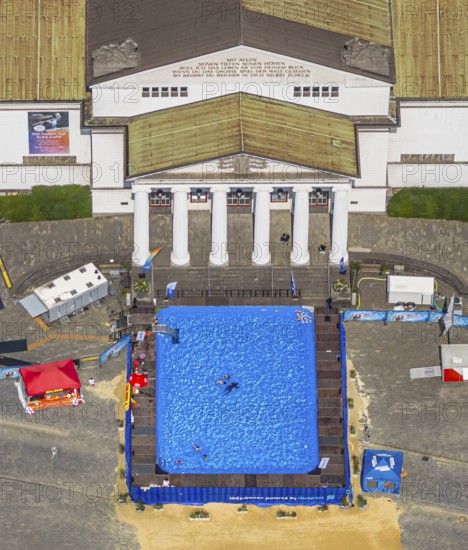 Aerial view, swimming pool in front of the municipal theatre, old town, Duisburg, Ruhr area, North