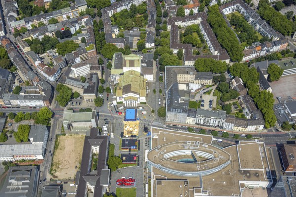Aerial view, swimming pool in front of the municipal theatre, sandy area for gastronomy, City