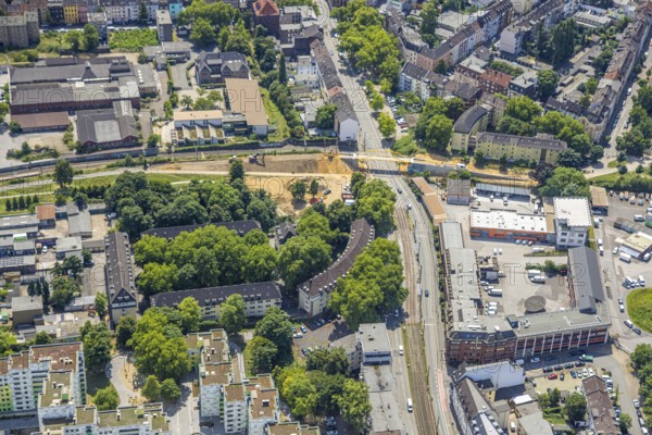 Aerial view, construction site at Dellviertel and new construction of a bridge over Heerstraße,