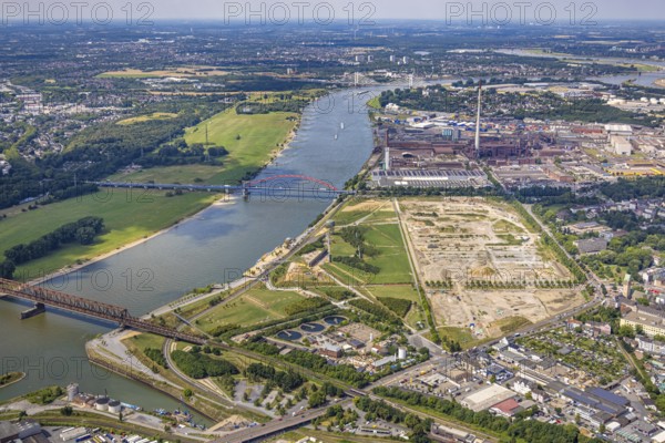 Aerial view, Rheinpark Duisburg on the river Rhine and planned residential complex RheinOrt