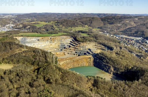 Aerial view, Steltenberg quarry with geological trail and lake, Hohenlimburg, Hagen, Ruhr area,