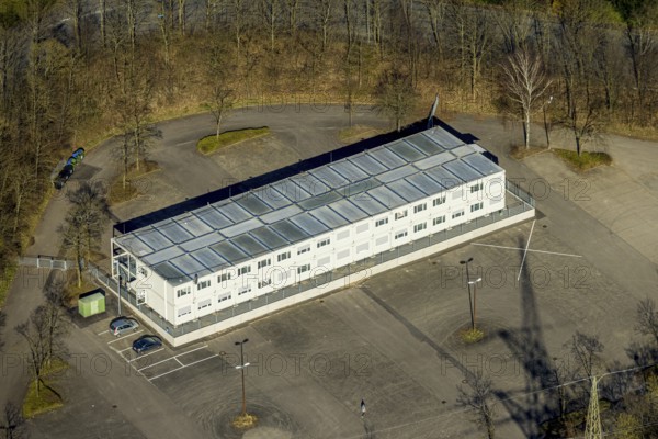 Aerial photo, refugee accommodation container village Kirchenberg at Erich-Berlet-Stadion,