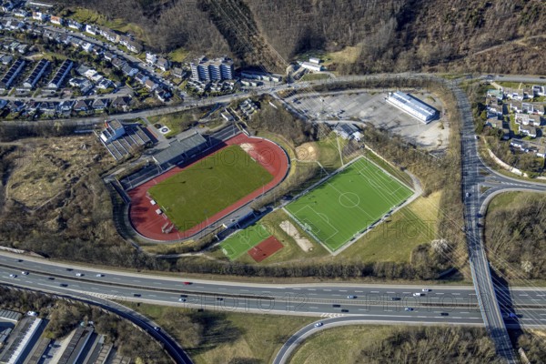 Aerial view, Erich-Berlet-Stadion, formerly Kirchenbergstadion, football stadium and athletics