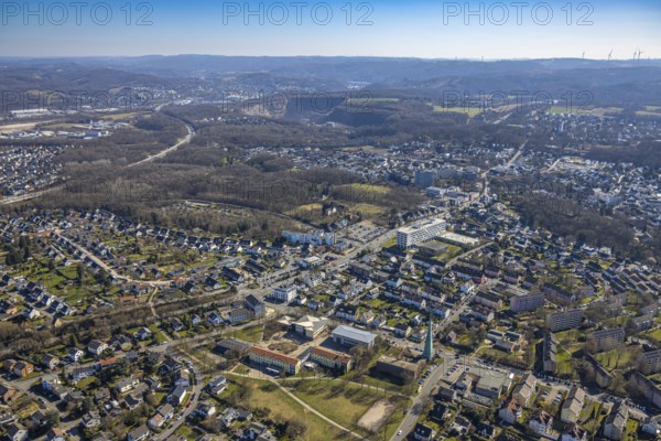 Aerial view, Halden secondary school and KEO school, Matthäuskirche Evangelical Lutheran church,