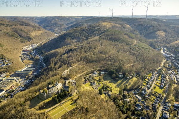 Aerial view, Hohenlimburg Castle and castle park, Schlossberg forest area and wind turbines,