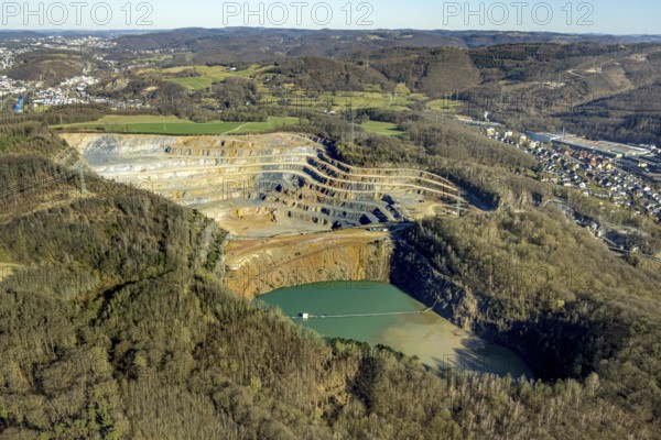 Aerial view, Steltenberg quarry with geological trail and lake, Hohenlimburg, Hagen, Ruhr area,
