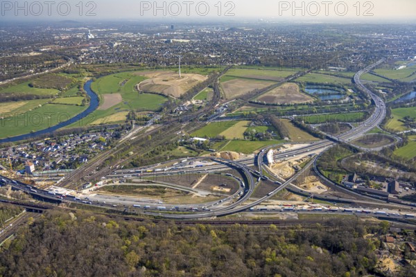 Aerial view, Kaiserberg motorway junction with A3 and A40 motorways, bridge construction and